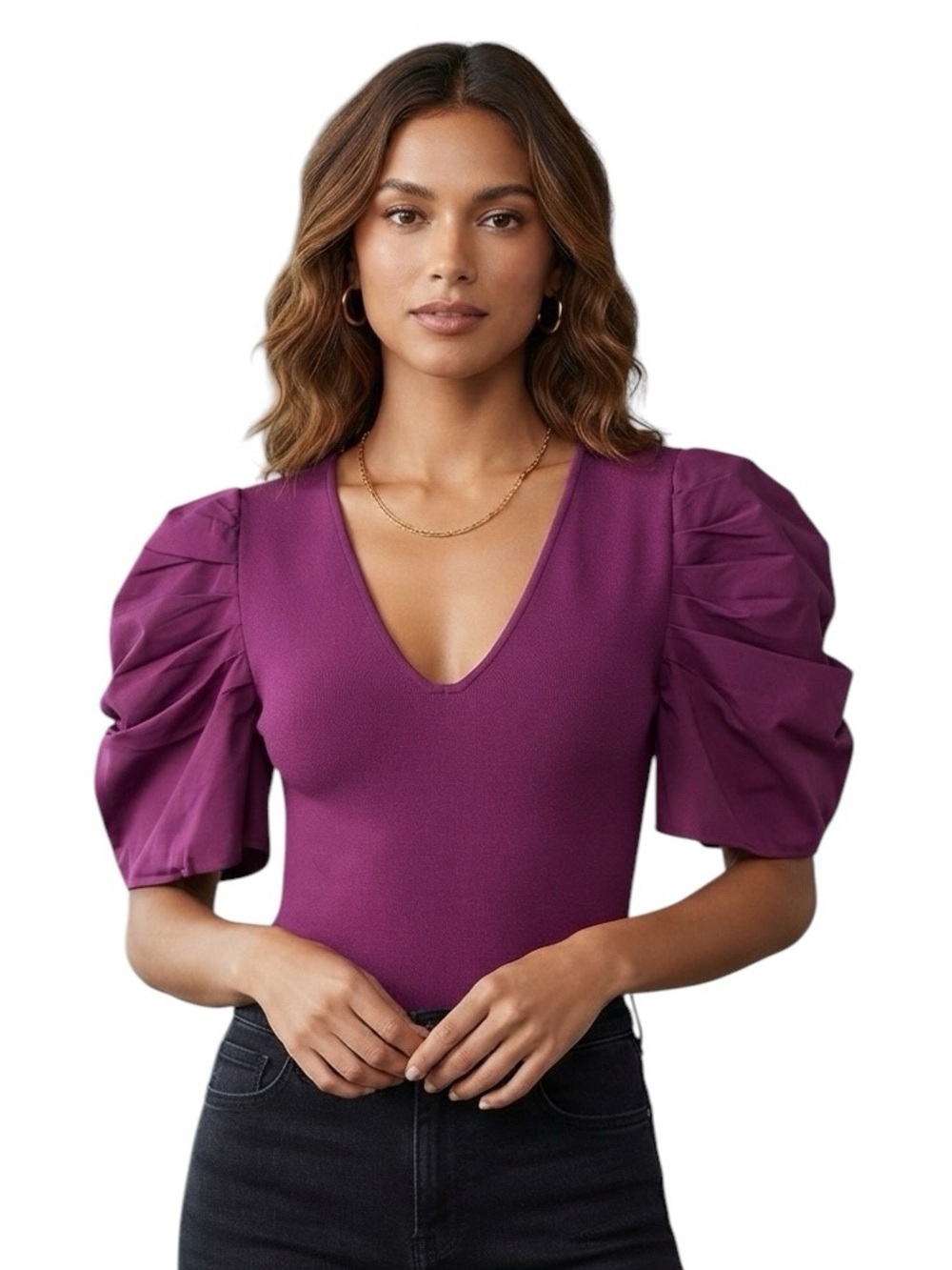 Express Purple Ribbed V-Neck Puff Sleeve Top L